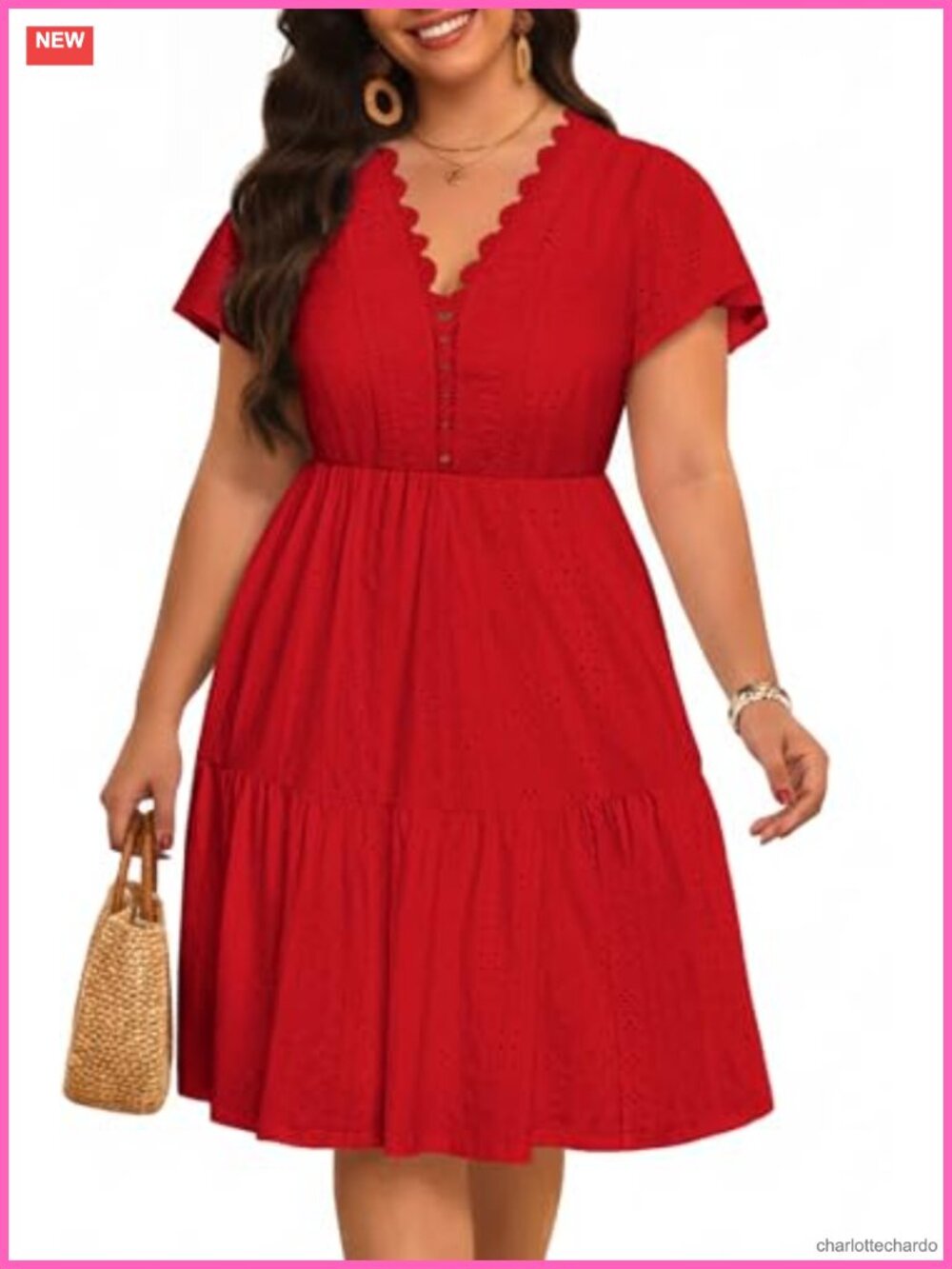 Womens Plus Size Boho Eyelet Lace V-Neck Tiered Midi Dress Swing Sundress